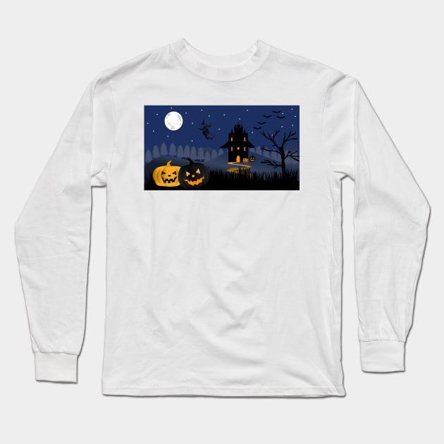 Halloween background with pumpkins, Graves, full moon, and bats stock illustration Long Sleeve T-Shirt by ikshvaku